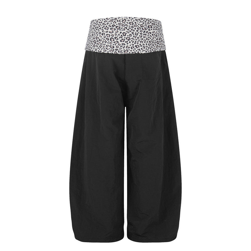 Wide-Leg Balloon Pants with Leopard Print Waistband & Drawstring Hem