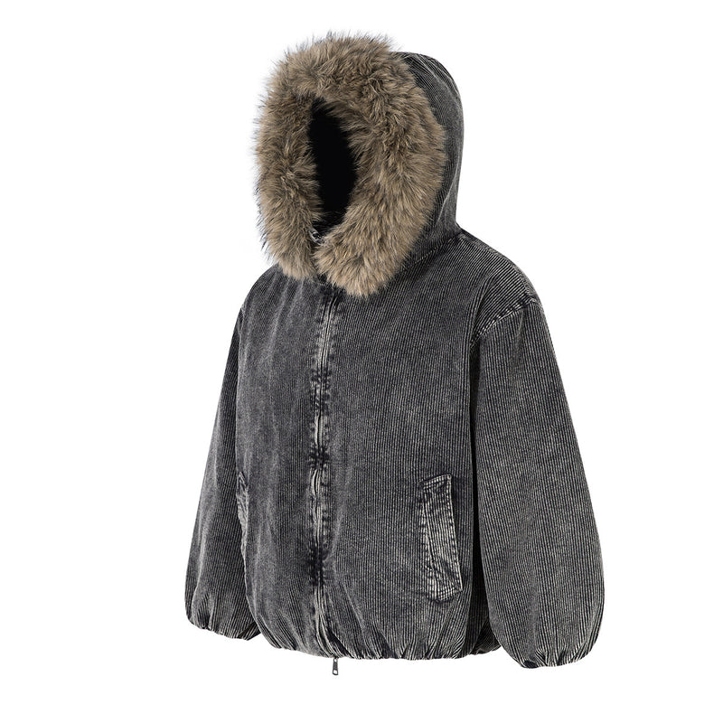 Corduroy Padded Jacket with Faux Fur Hood – Oversized Washed Winter Coat