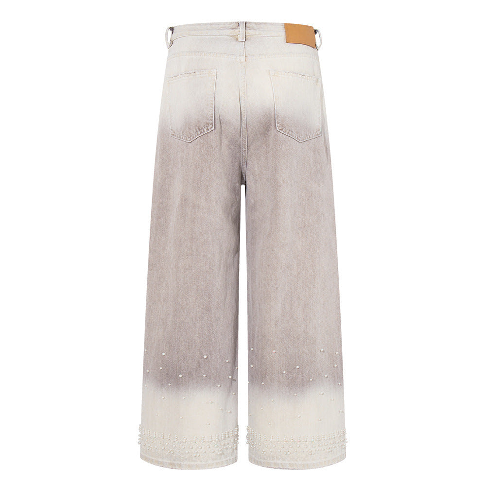 Wide-Leg Jeans – Gradient Tie-Dye Wash with Pearl Bead Embellishments