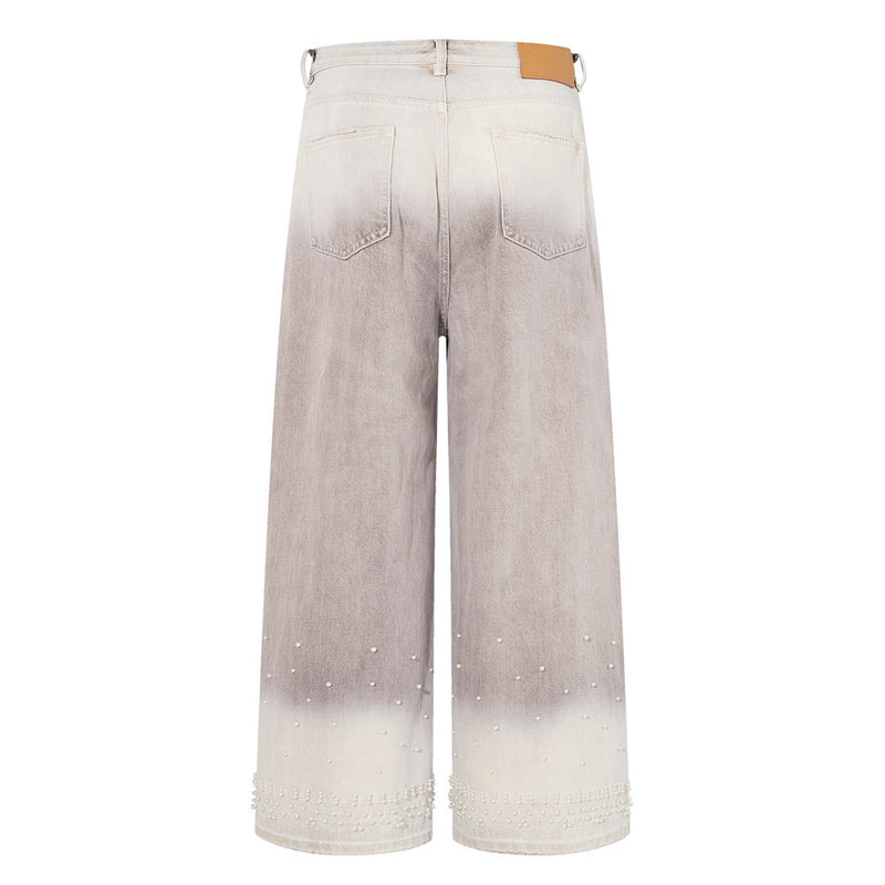 Wide-Leg Jeans – Gradient Tie-Dye Wash with Pearl Bead Embellishments