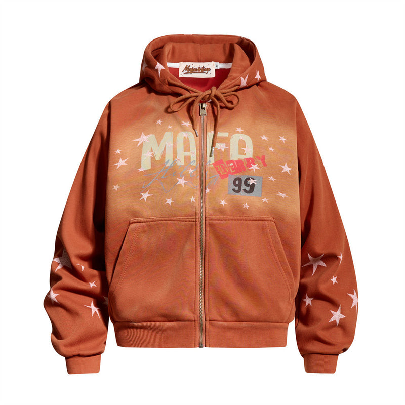 Sudadera oversize con capucha y cremallera para hombre, estampado integral de estrellas y gráfico «MAFO Derby 99» en el pecho, en naranja óxido