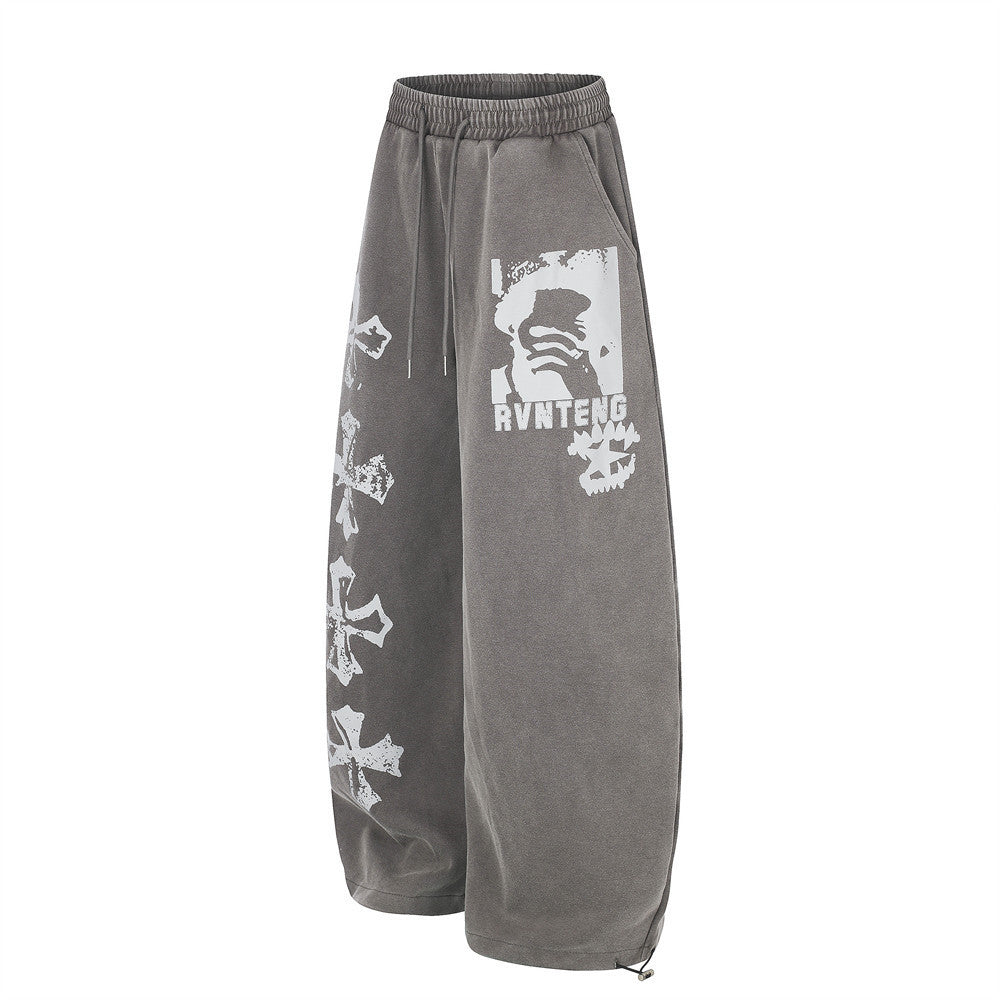 Wide-Leg Sweatpants with Vintage Cross Print & Acid Wash Finish