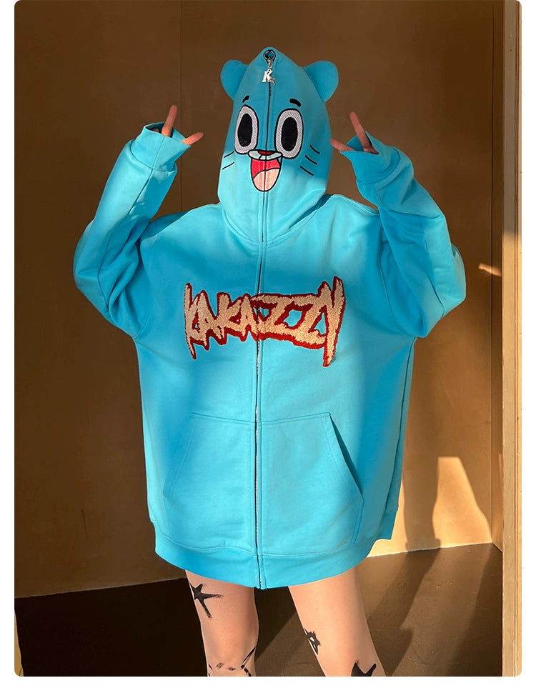 Adorable Blue Cartoon Hoodie - 400GSM Cotton with Playful Face Design