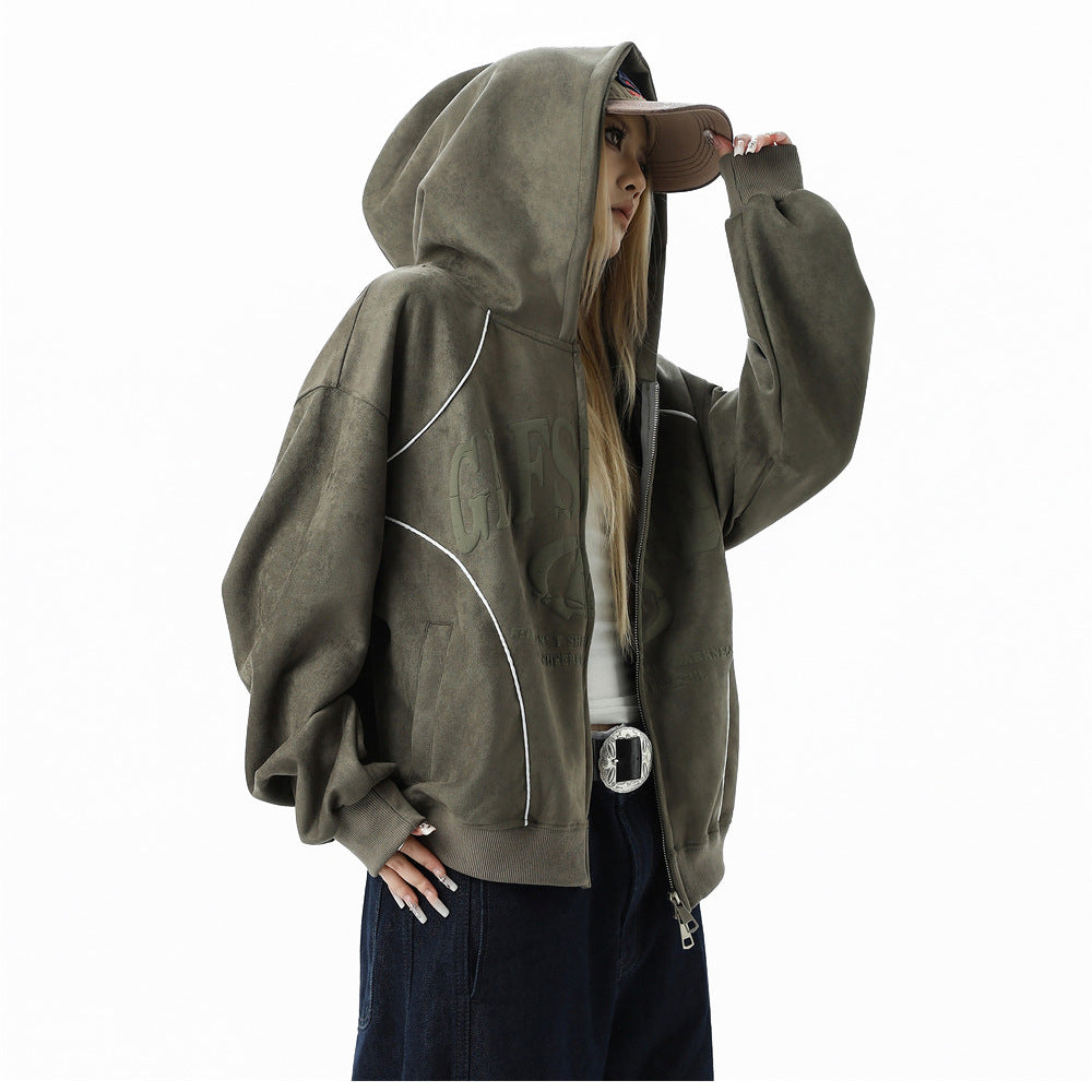GLFSMADE Letter Print Zip-Up Hoodie – Double-Zip Oversized Streetwear Jacket