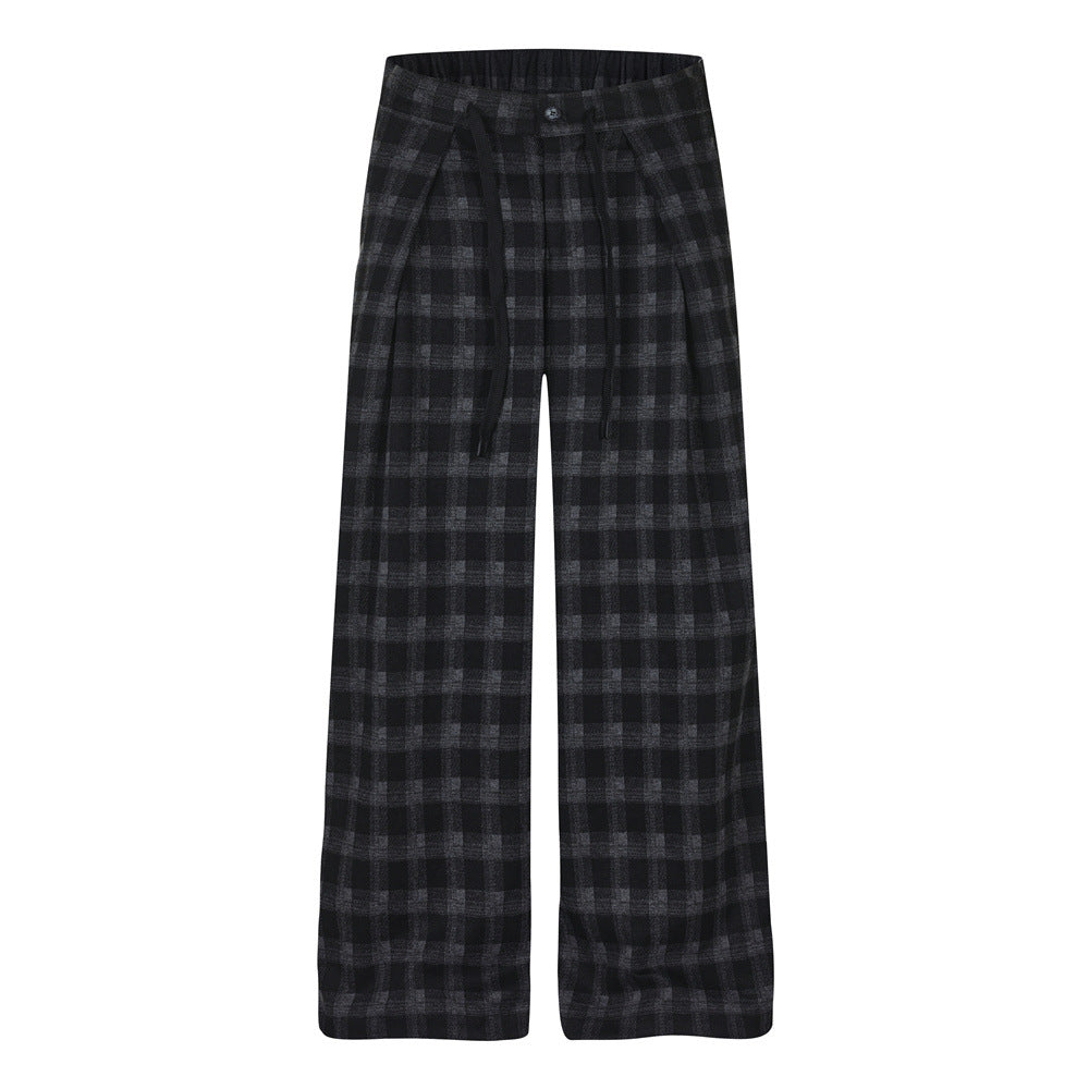 Men's Plaid Dress Pants – Wide-Leg Pleated Baggy Trousers in Black & Grey Check