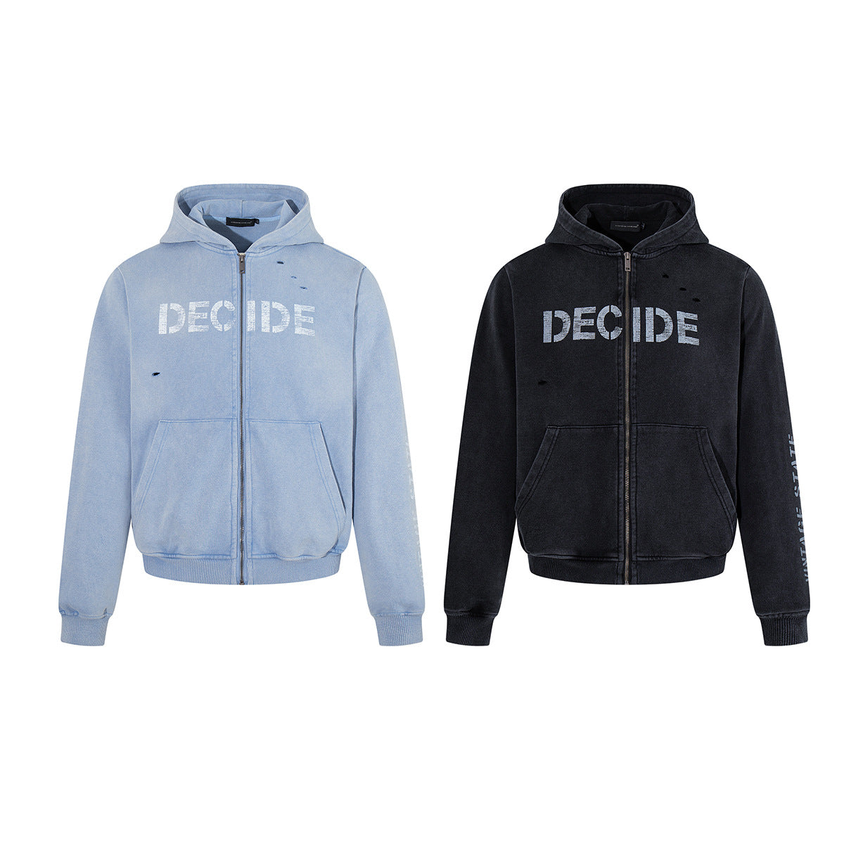 Oversize Zip Up Hoodie Vintage Acid-Washed Distressed Decide Graphic Full-Zip