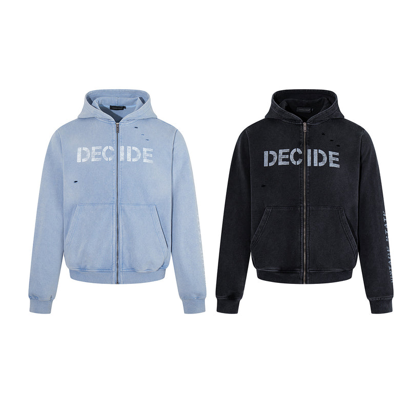 Oversize Zip Up Hoodie Vintage Acid-Washed Distressed Decide Graphic Full-Zip