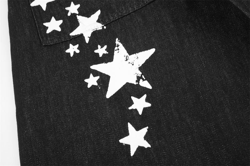 Jean barrel à jambes larges avec imprimé étoiles et script – Denim noir