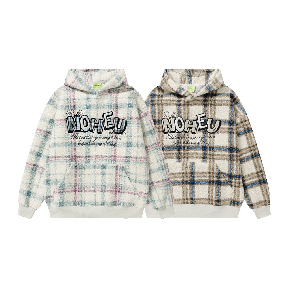 Karierter Sherpa-Fleece-Hoodie mit Buchstabenstickerei – Oversized-Pullover