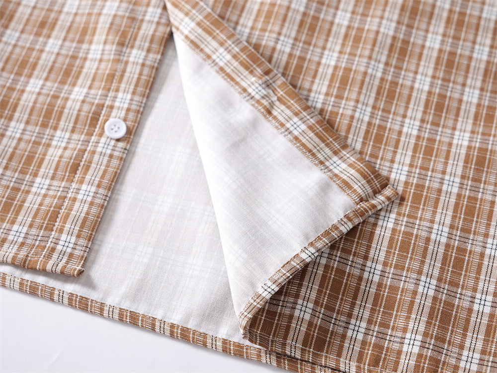 Oversized Plaid Short-Sleeve Shirt with Pearl Star Embroidery