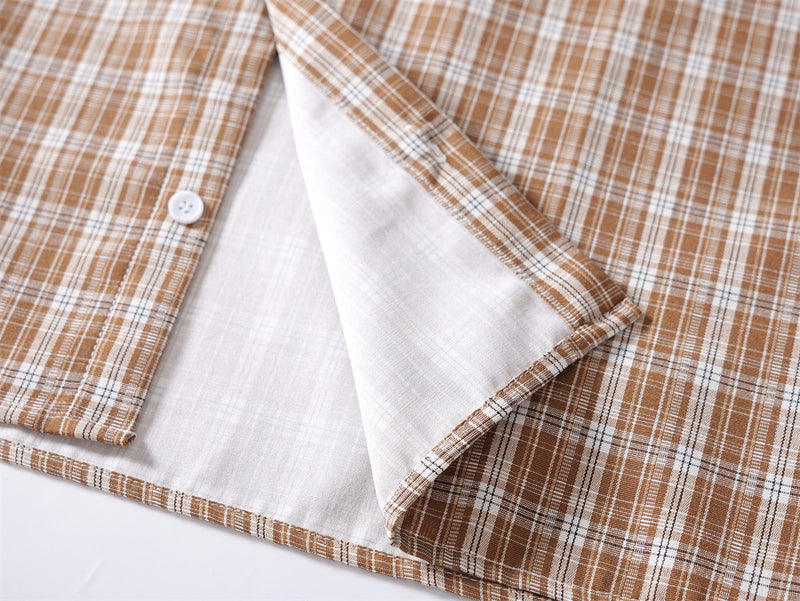 Oversized Plaid Short-Sleeve Shirt with Pearl Star Embroidery