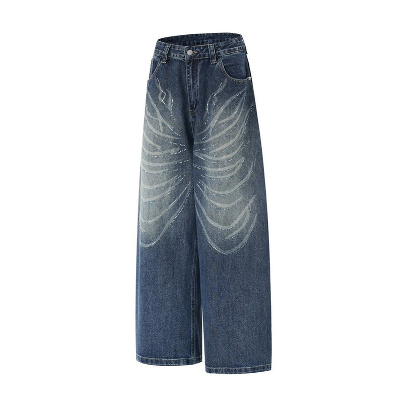 Men's Super Baggy Jeans – Rhinestone Wing Graphic Wide-Leg Denim, Washed Blue
