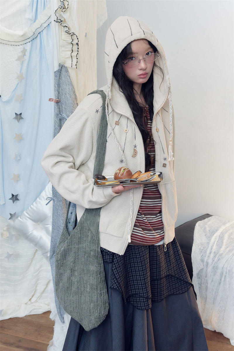 Celestial Embroidered Zip-Up Hoodie – Waffle Knit Oversized Jacket with Moon &