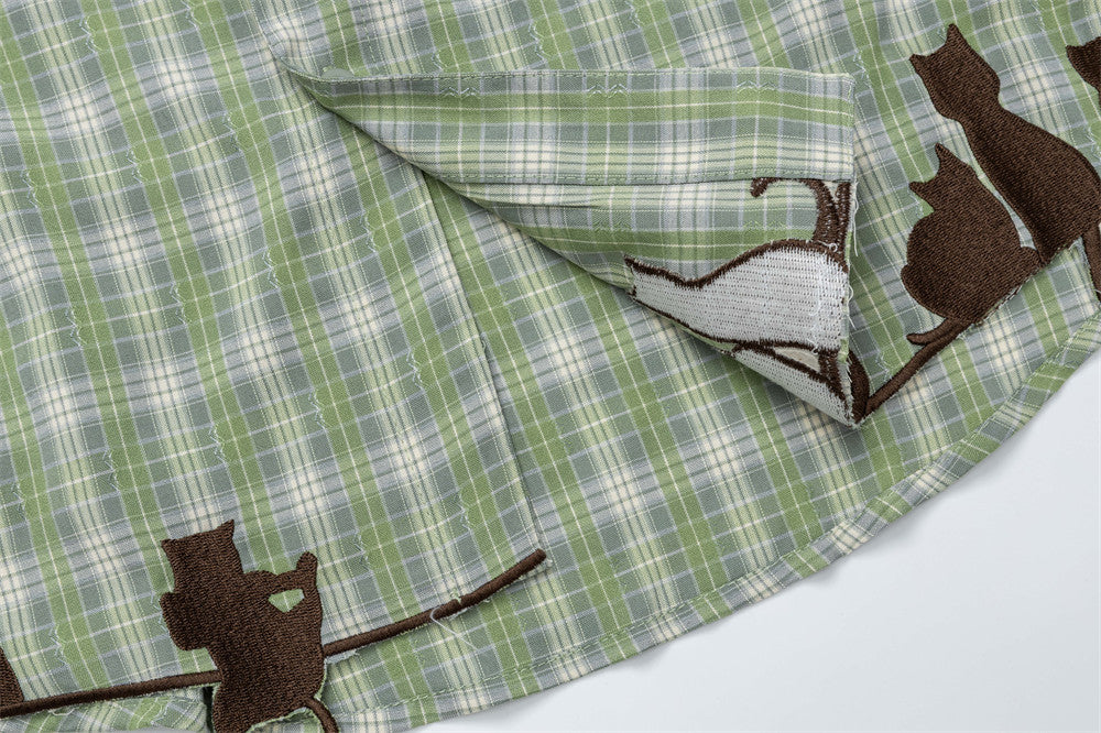 Grünes Karohemd für Herren mit Katzenstickerei – Oversized, Langarm, Button-down