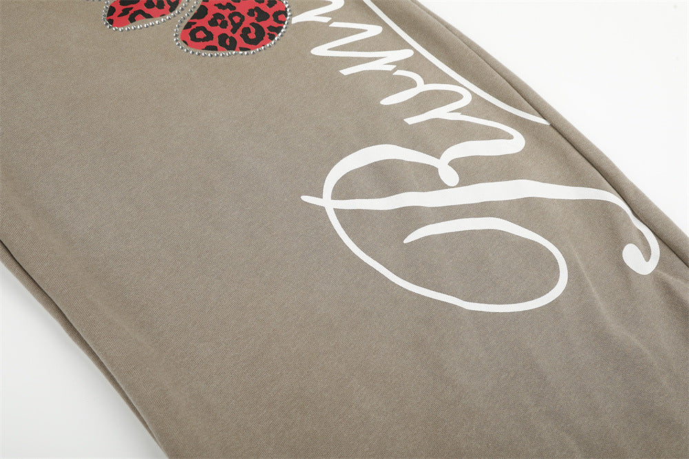 Wide-Leg Sweatpants with Leopard Print Rhinestone Hearts & Varsity Graphic