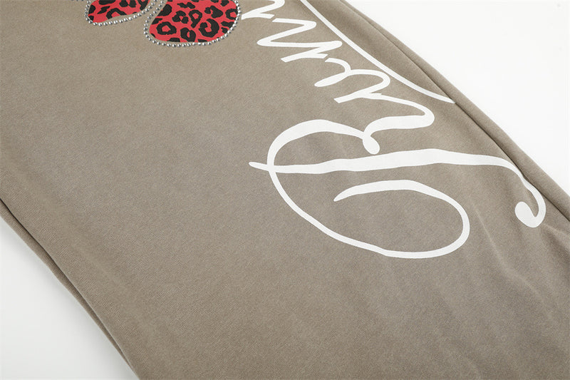 Wide-Leg Sweatpants with Leopard Print Rhinestone Hearts & Varsity Graphic