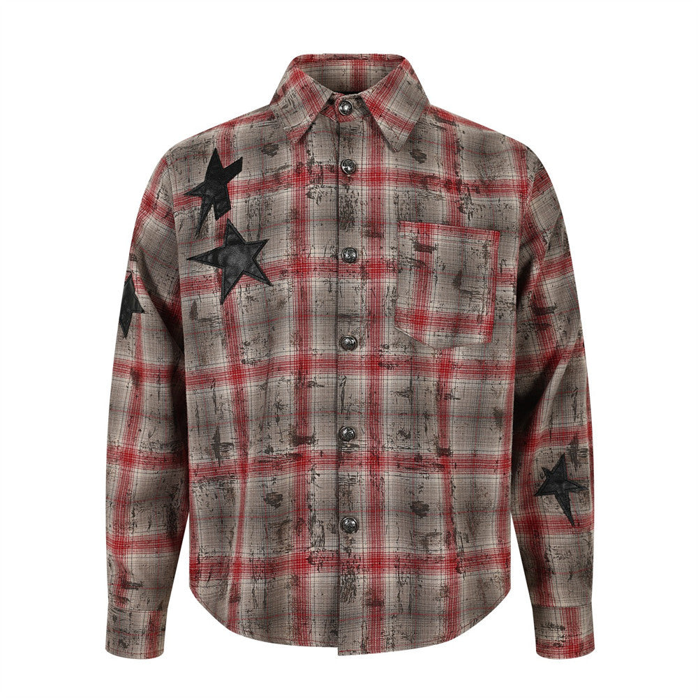 Oversized distressed red and grey plaid long-sleeve shirt with black star patch appliqués on chest, sleeves, and back yoke