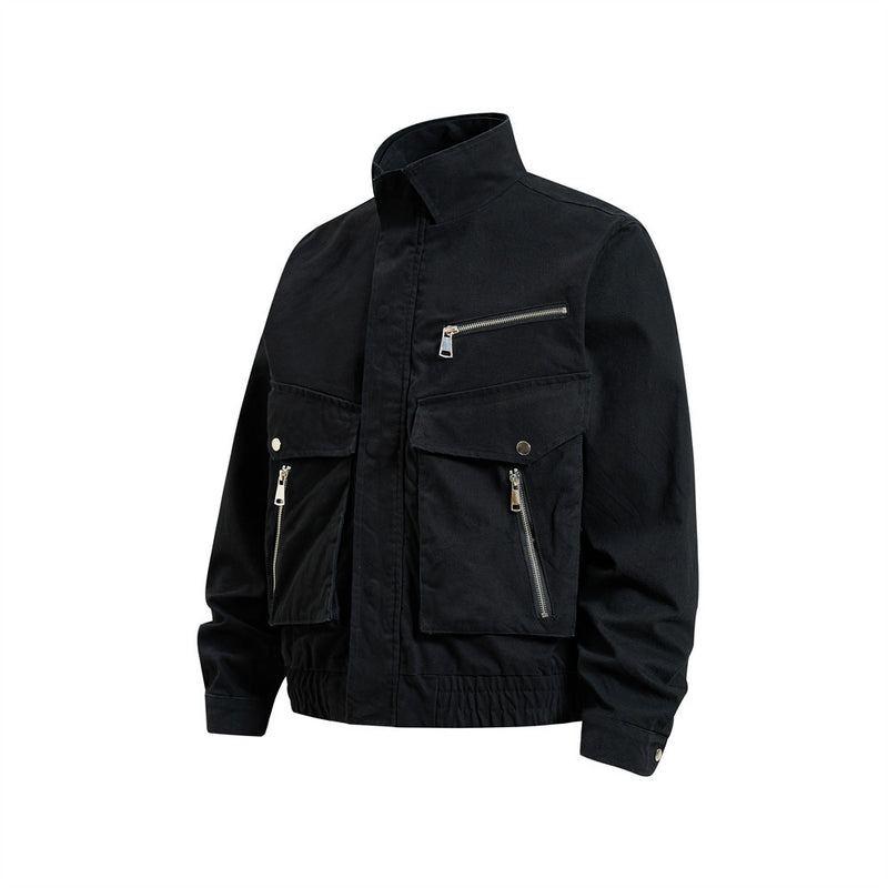 Men's Cargo Bomber Jacket with Multi-Pocket Stand Collar, Relaxed Fit