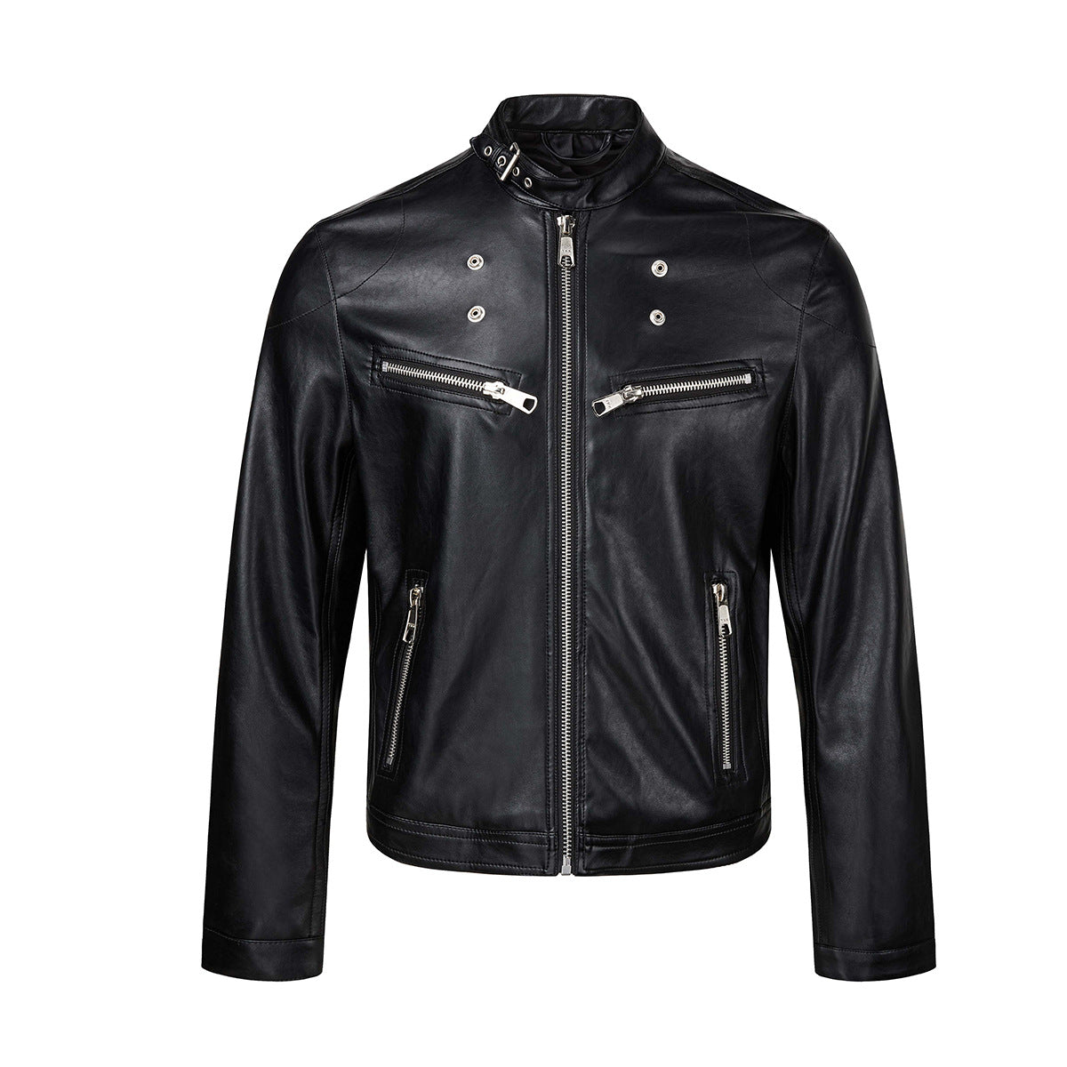 Black PU leather vintage motorcycle biker jacket with stand collar, silver snap buttons, and zip pockets, front and back view