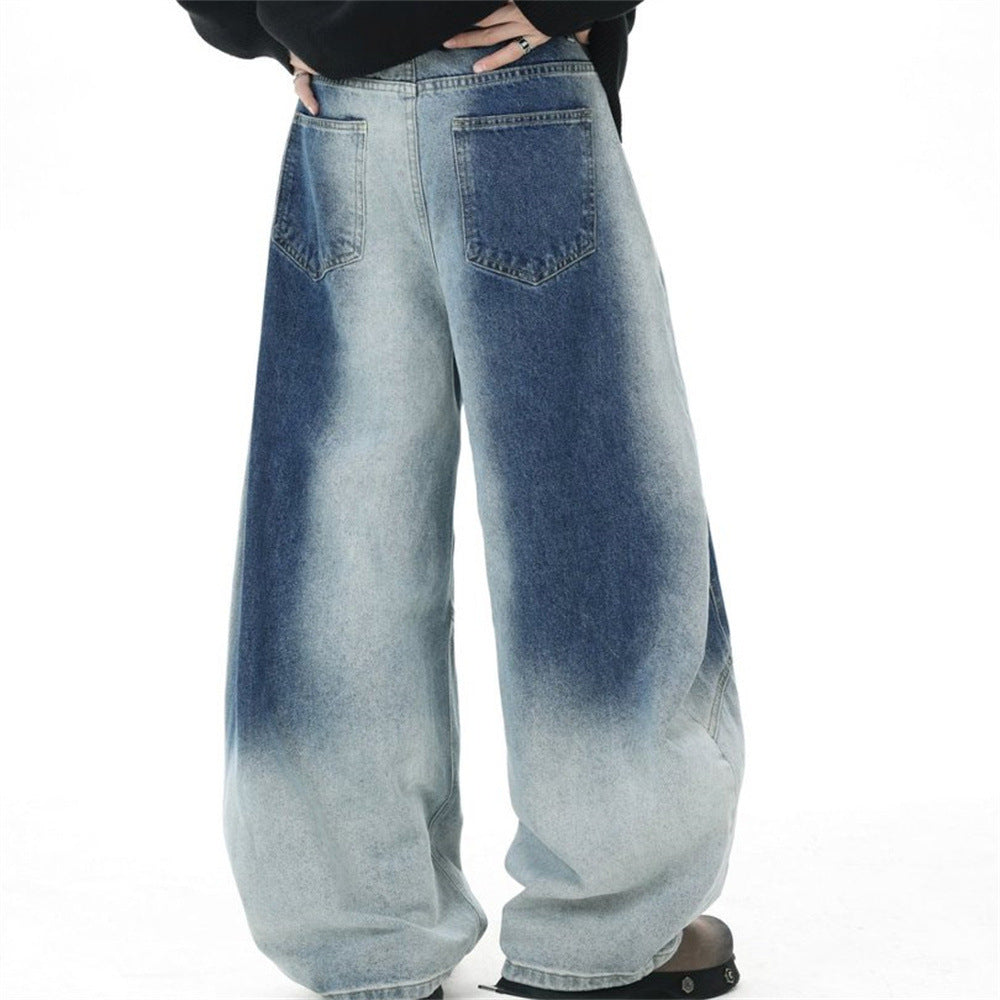 Wide-Leg Gradient Washed Jeans – Deconstructed Curved Seam Baggy Denim