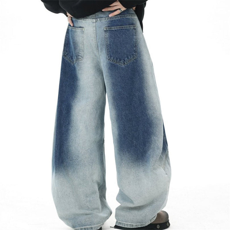 Wide-Leg Gradient Washed Jeans – Deconstructed Curved Seam Baggy Denim