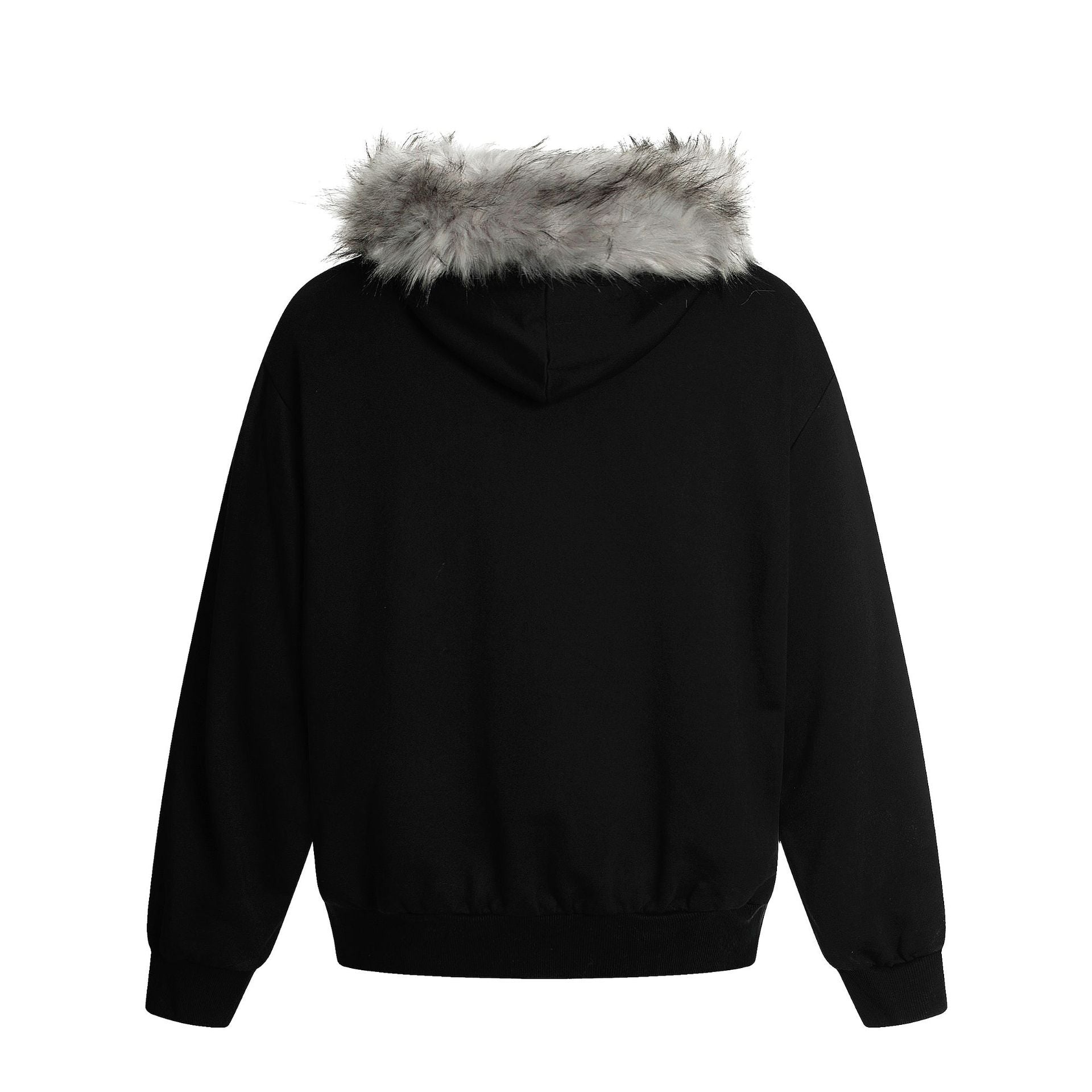 Faux Fur Trim Half-Zip Hoodie with Gothic Floral Graphic Print