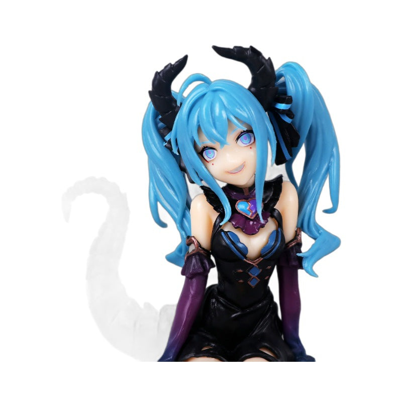 The Hatsune Miku Little Demon Sitting Pose 11cm PVC Figure, by Hatsune Miku, enhances any anime collection with blue twin pigtails, horn-like accessories, a black and purple cutout outfit, a long segmented tail, and a charming smile that embodies the whimsical allure of a Little Demon.