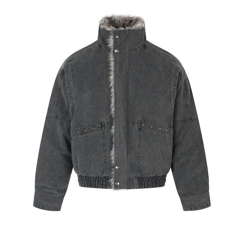 Faux Fur Collar Padded Bomber Jacket – Oversized Cotton Shell