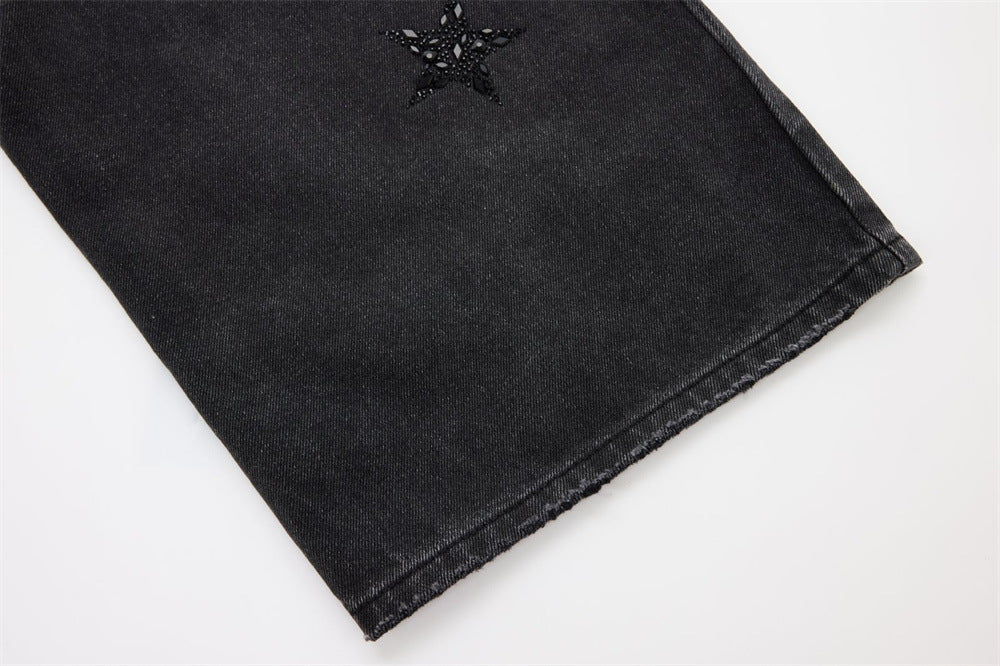 Ripped Baggy Jeans Men – Star Rhinestone & Sequin Wide-Leg Black Distressed