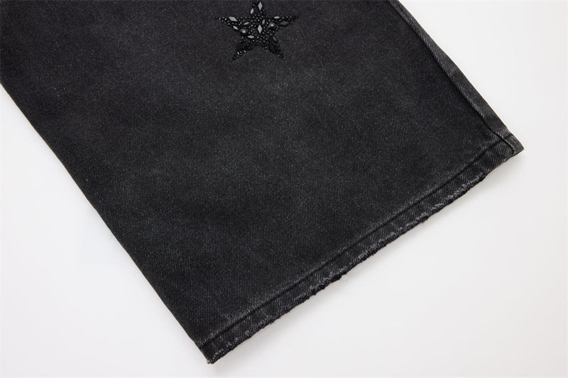 Ripped Baggy Jeans Men – Star Rhinestone & Sequin Wide-Leg Black Distressed