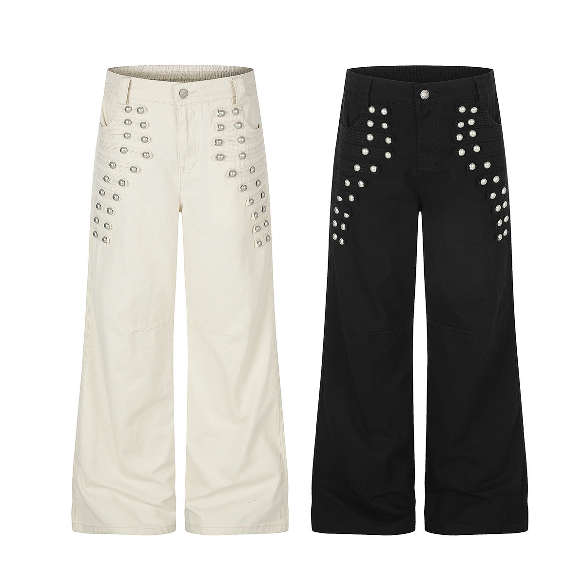 Wide-Leg Studded Pants – Retro American Vintage Metal Rivet Wide Leg Trousers