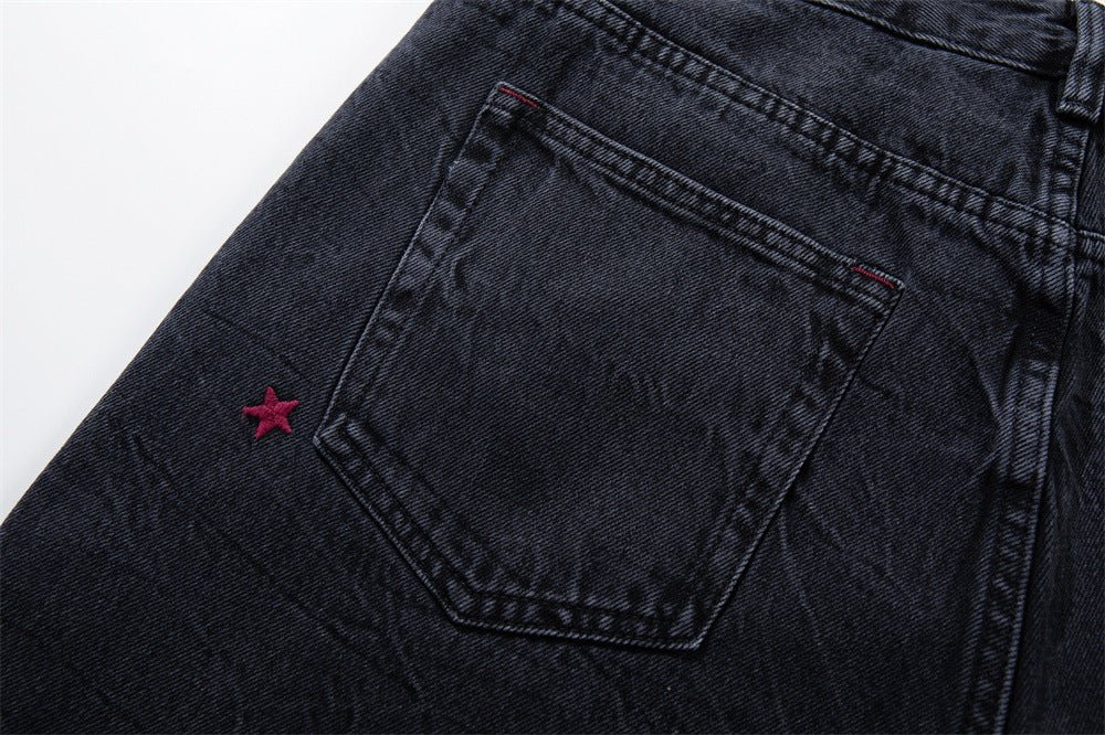 Star Embroidered Wide-Leg Jeans – Washed Black Denim with Side Floral Detail