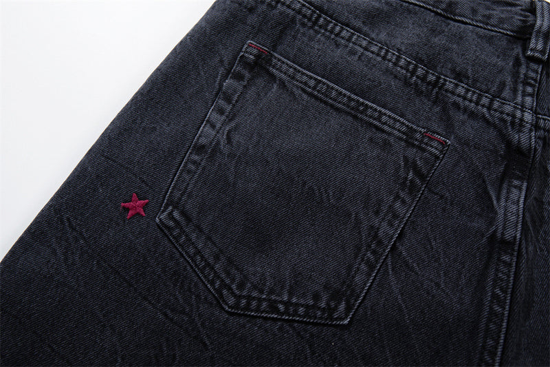 Star Embroidered Wide-Leg Jeans – Washed Black Denim with Side Floral Detail