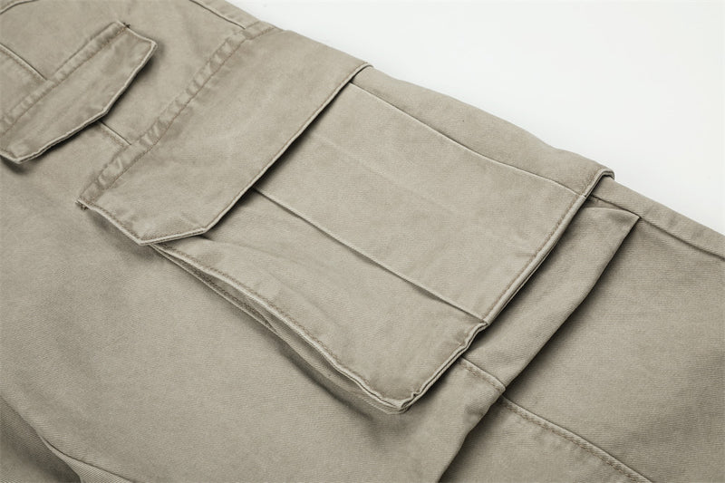 Pantalon cargo homme kaki à jambes larges, multi-poches, délavé vintage – Pantalon workwear