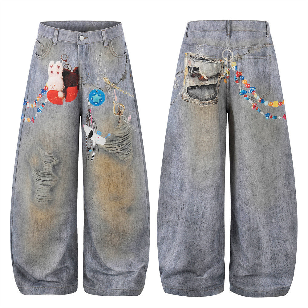 Wide-Leg Distressed Jeans – Digital Print Charms & Ripped Washed Denim