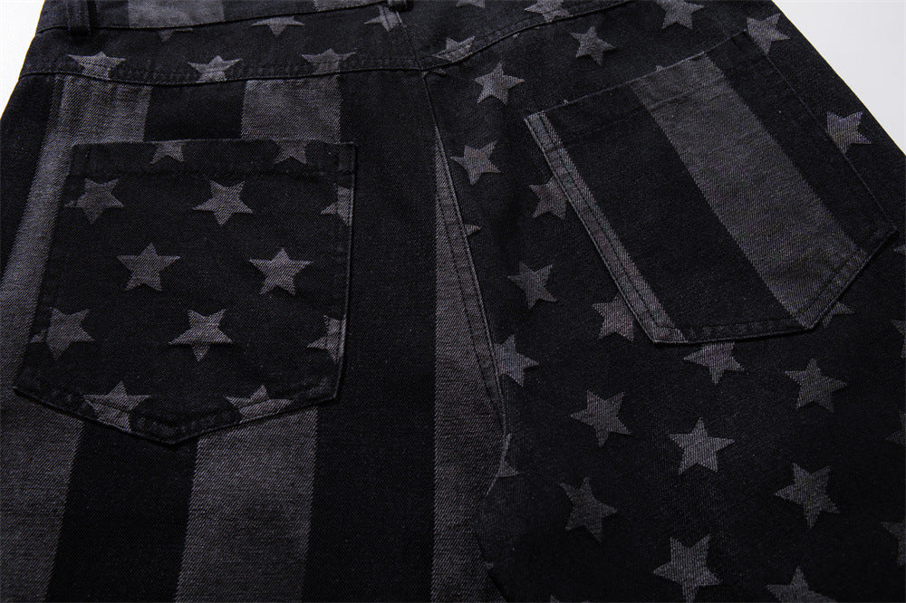 Wide-Leg Jeans with Stars & Stripes Print – Distressed Black Denim