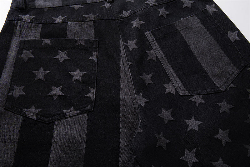 Wide-Leg Jeans with Stars & Stripes Print – Distressed Black Denim