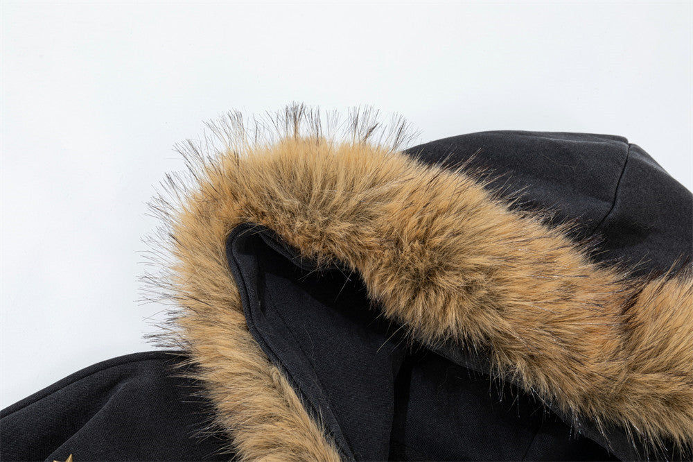 Sudadera con cremallera, capucha con ribete de pelo sintético y bordado de estrellas doradas — Streetwear para hombre