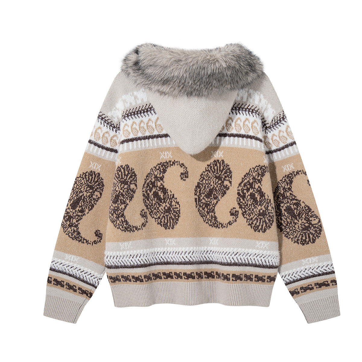 Paisley Fair Isle Knit Zip-Up Hoodie with Faux Fur Trim