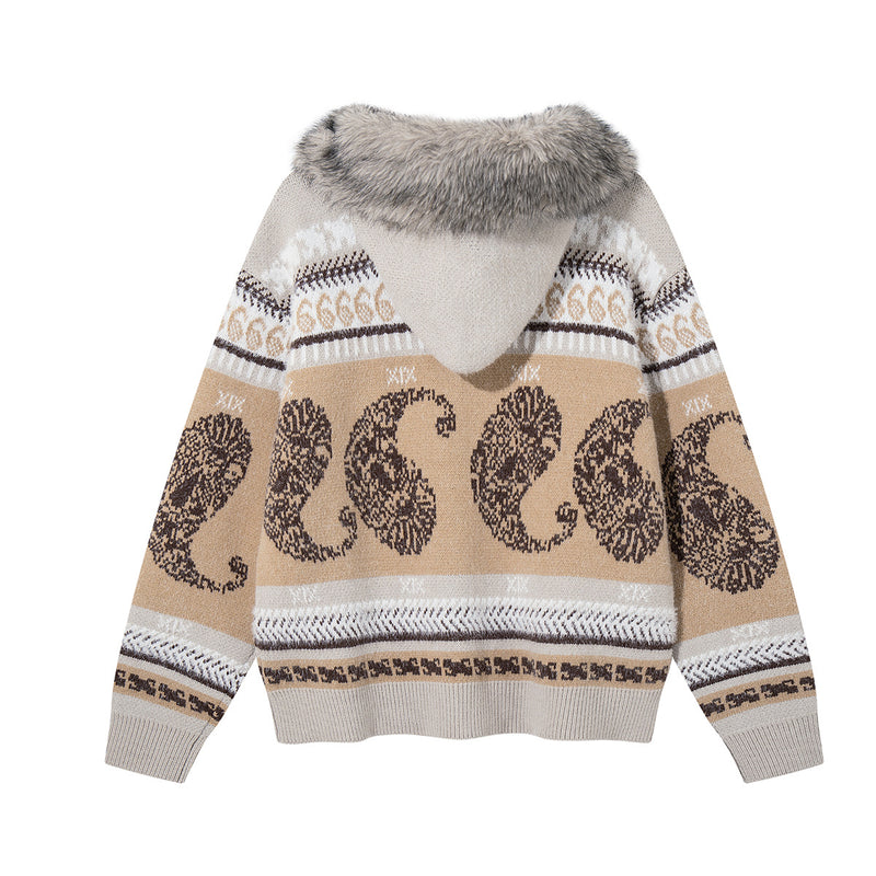Paisley Fair Isle Knit Zip-Up Hoodie with Faux Fur Trim