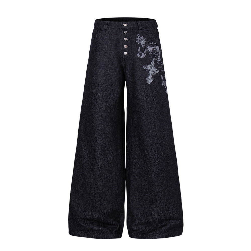 Wide-Leg Jeans – Gothic Cross & Sword Print Black Denim, Baggy High-Street Fit
