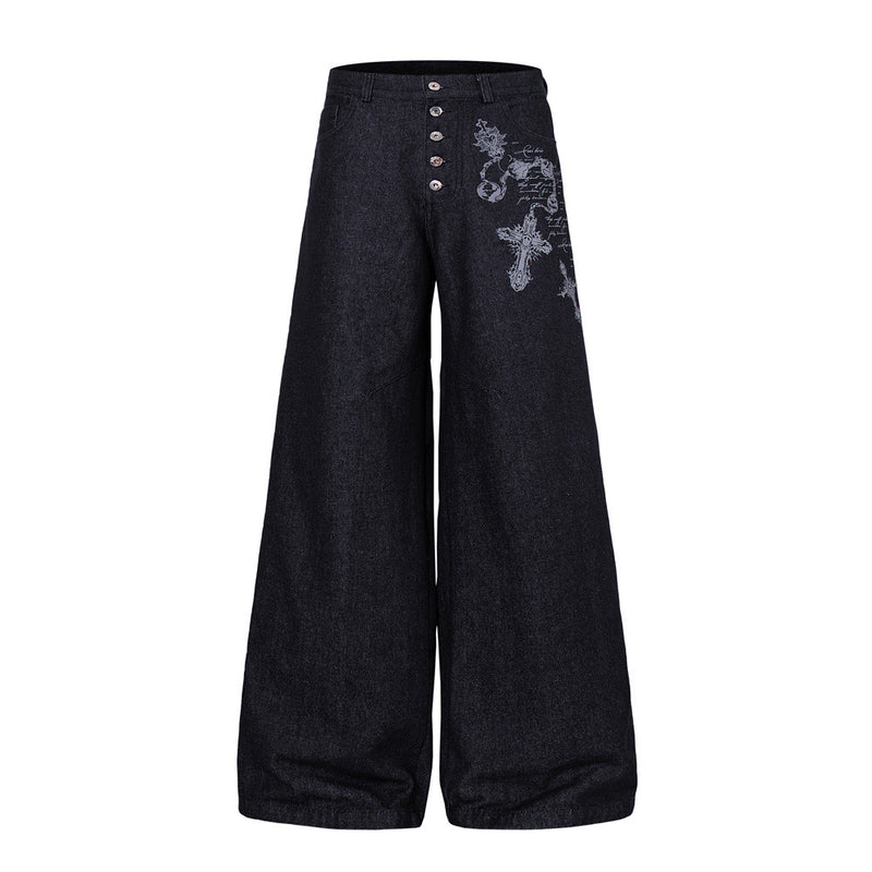 Wide-Leg Jeans – Gothic Cross & Sword Print Black Denim, Baggy High-Street Fit