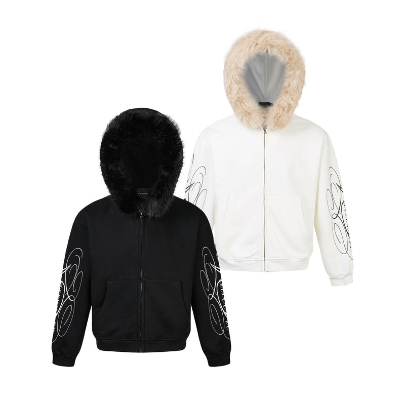 Sweat à capuche zippé avec bordure en fausse fourrure et imprimé script sur les manches