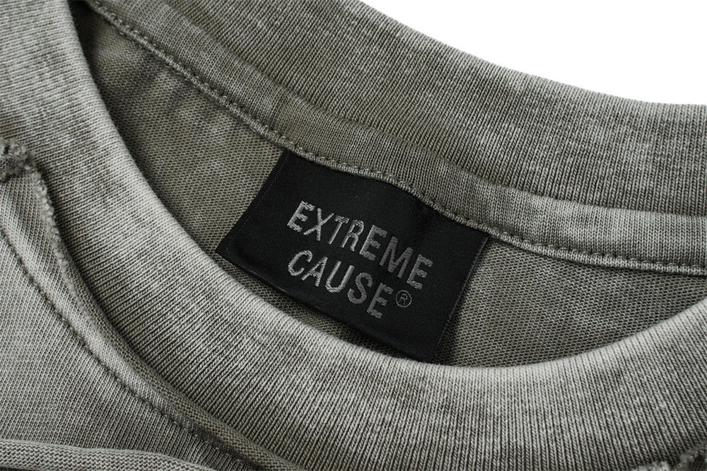 T-shirt manches longues à double épaisseur effet superposé, délavé à l’acide – Col ras-du-cou punk pour homme à ourlet brut