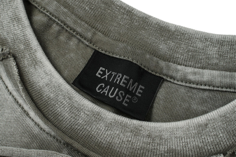 T-shirt manches longues à double épaisseur effet superposé, délavé à l’acide – Col ras-du-cou punk pour homme à ourlet brut
