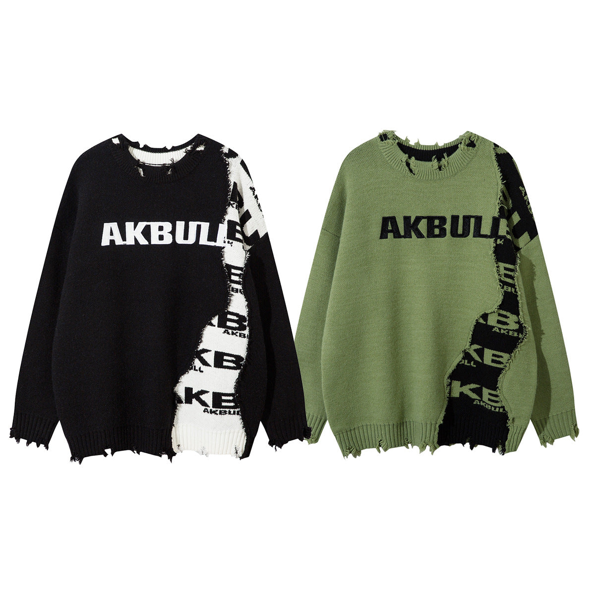 Distressed Raw-Edge Logo Knit Sweater – Oversized Streetwear Pullover