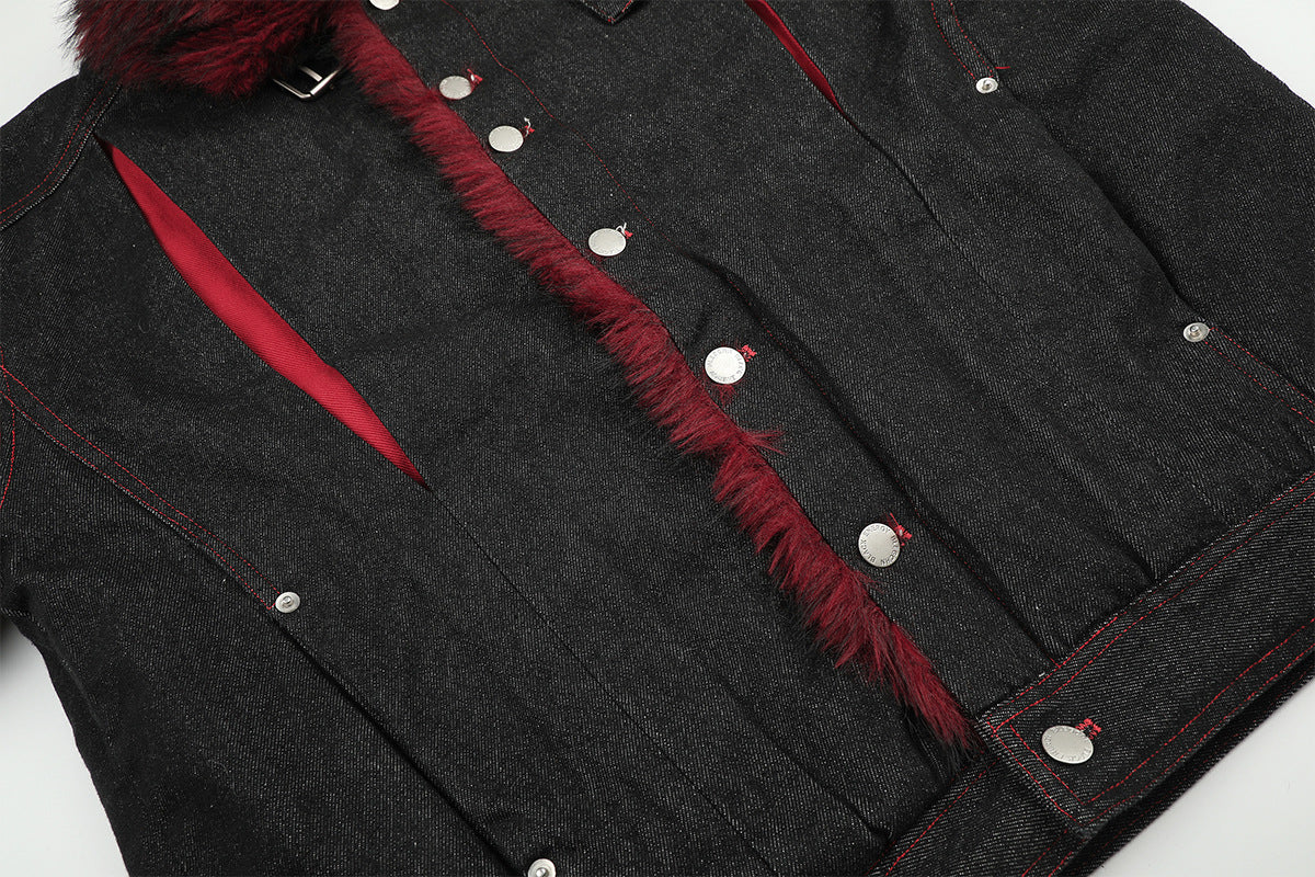 Black Denim Fur Collar Padded Jacket with Red Trim & Snap Buttons
