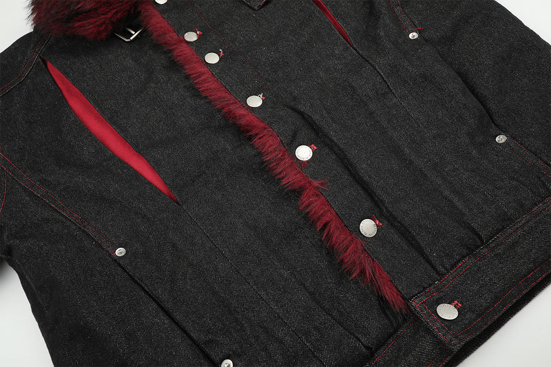 Black Denim Fur Collar Padded Jacket with Red Trim & Snap Buttons