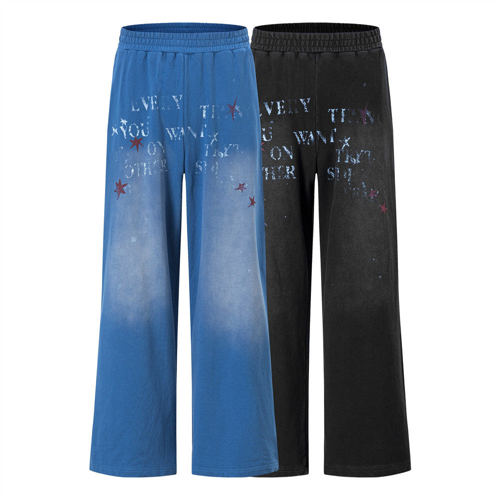 Men's Wide-Leg Sweatpants with Star & Letter Graphic Print, Acid-Wash Streetwear