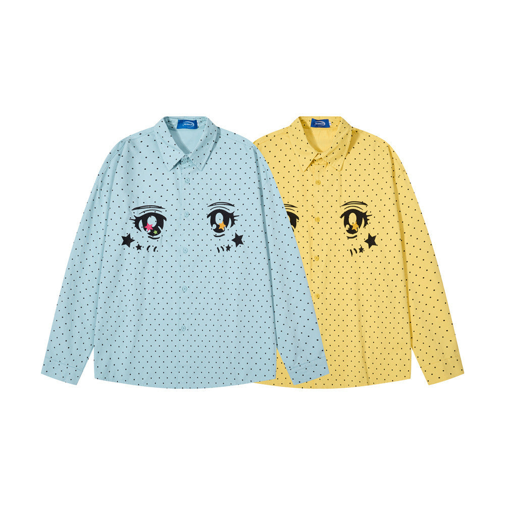 Two long sleeve button-down shirts with anime eyes print in light blue and yellow